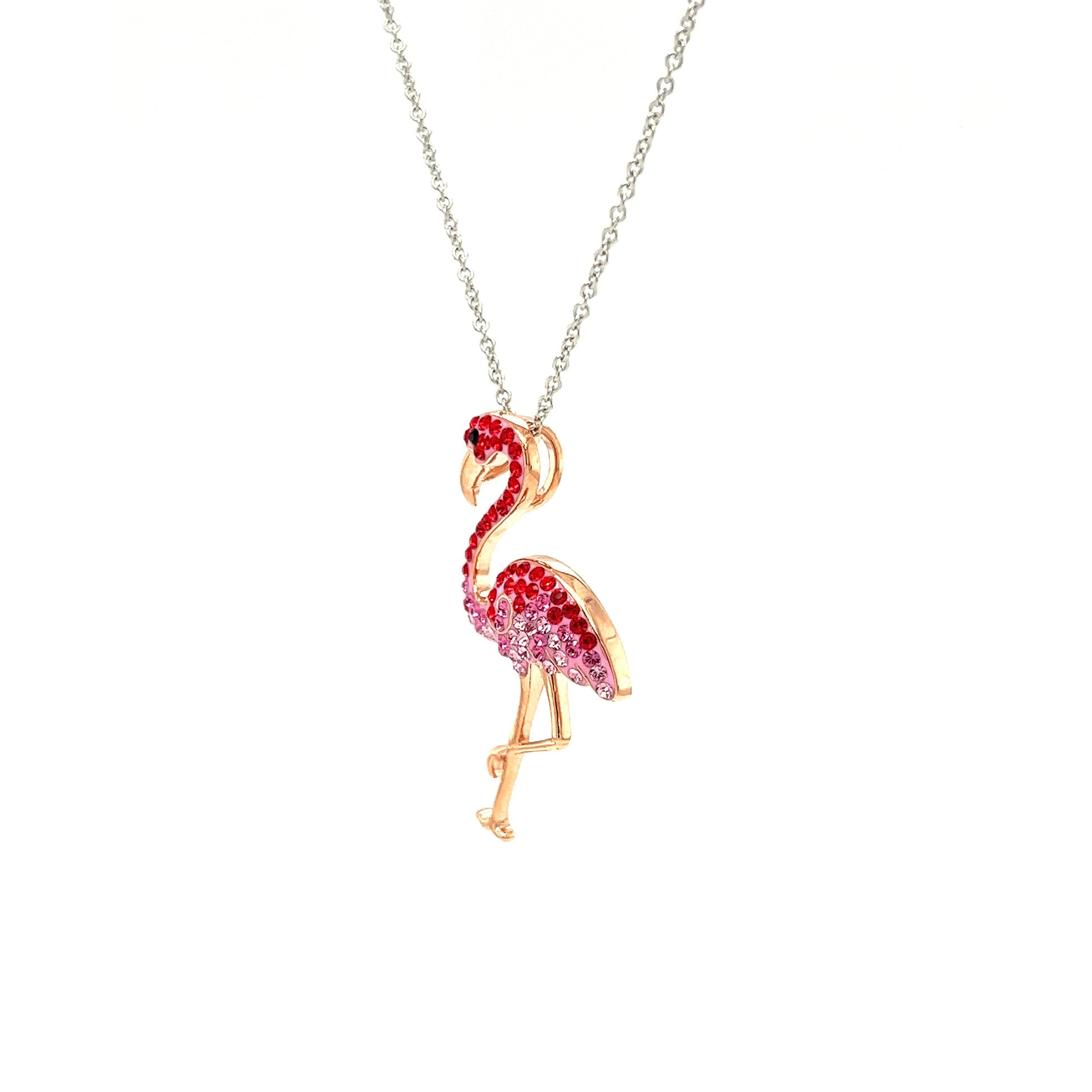 Flamingo Necklace with Red and Pink Crystals and Rose Gold Plating in Sterling Silver Right Side View