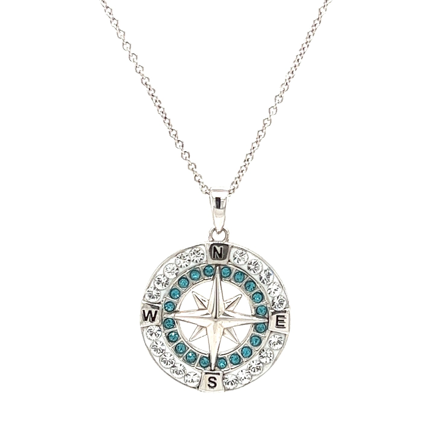 Compass Necklace with Aqua and White Crystals in Sterling Silver Front Necklace View 2