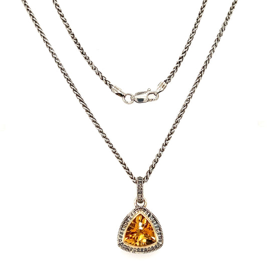 Trillion Citrine Antiqued Necklace with 14K Yellow Gold Accent in Sterling Silver Full Necklace