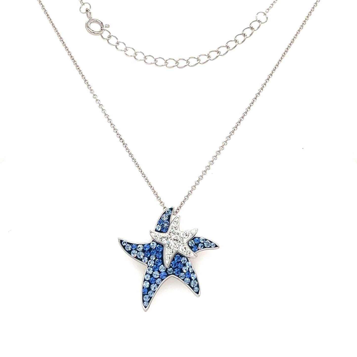 Blue Starfish Necklace with White and Blue Crystals in Sterling Silver. Full Necklace View