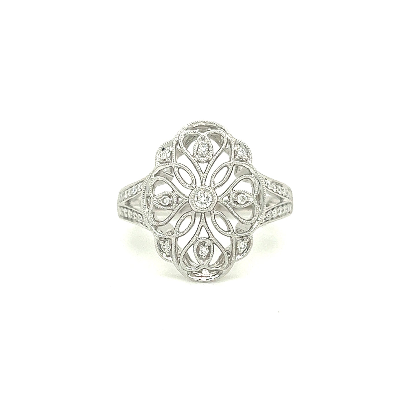Filigree Diamond Ring with 0.2ctw of Diamonds in 14K White Gold Front View