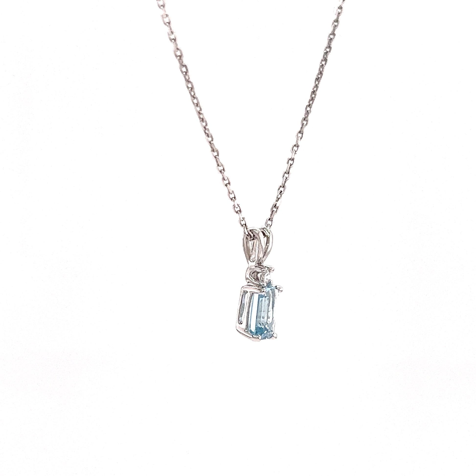 Baguette Aquamarine Pendant with One Side Diamond in 14K White Gold Left Side View with Chain