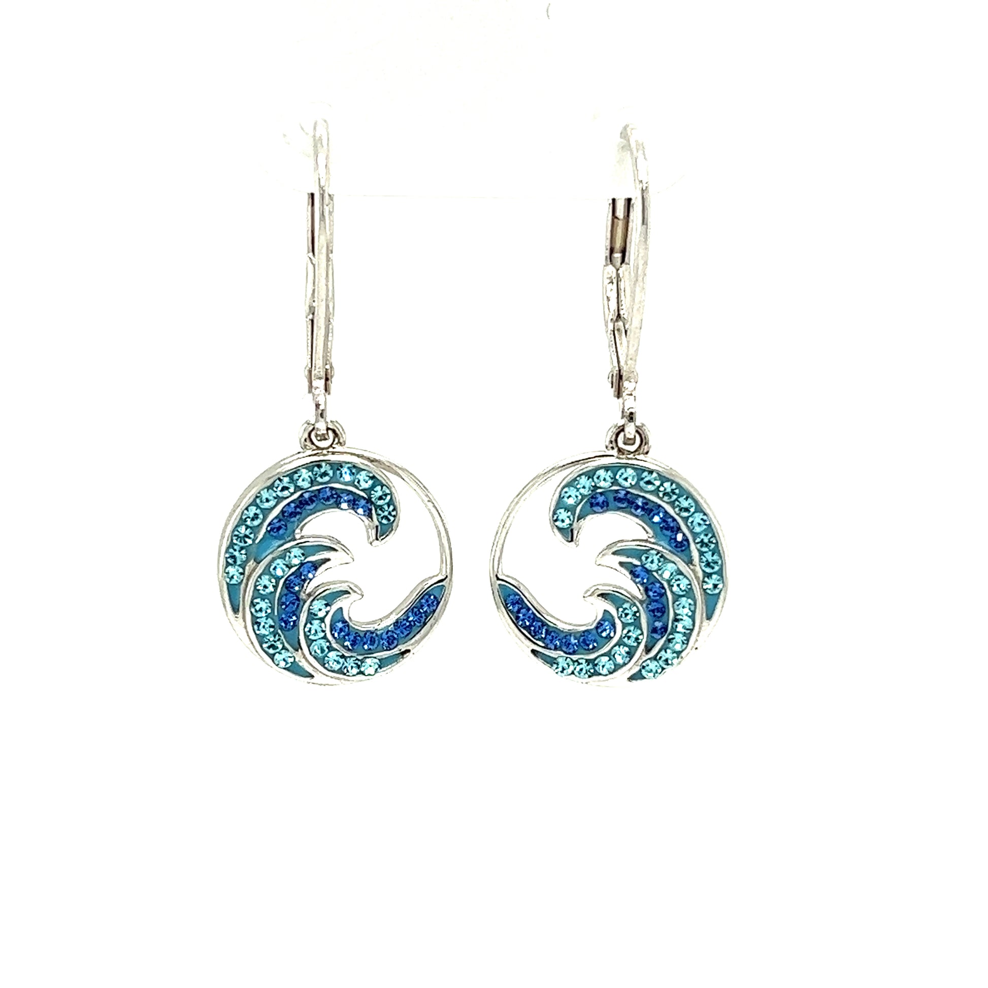 Wave Dangle Earrings with Blue and Aqua Crystals in Sterling Silver Front View