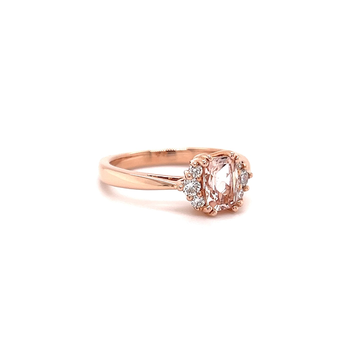 Elongated Cushion Morganite Ring with Six Side Diamonds in 14K Rose Gold Left Side View