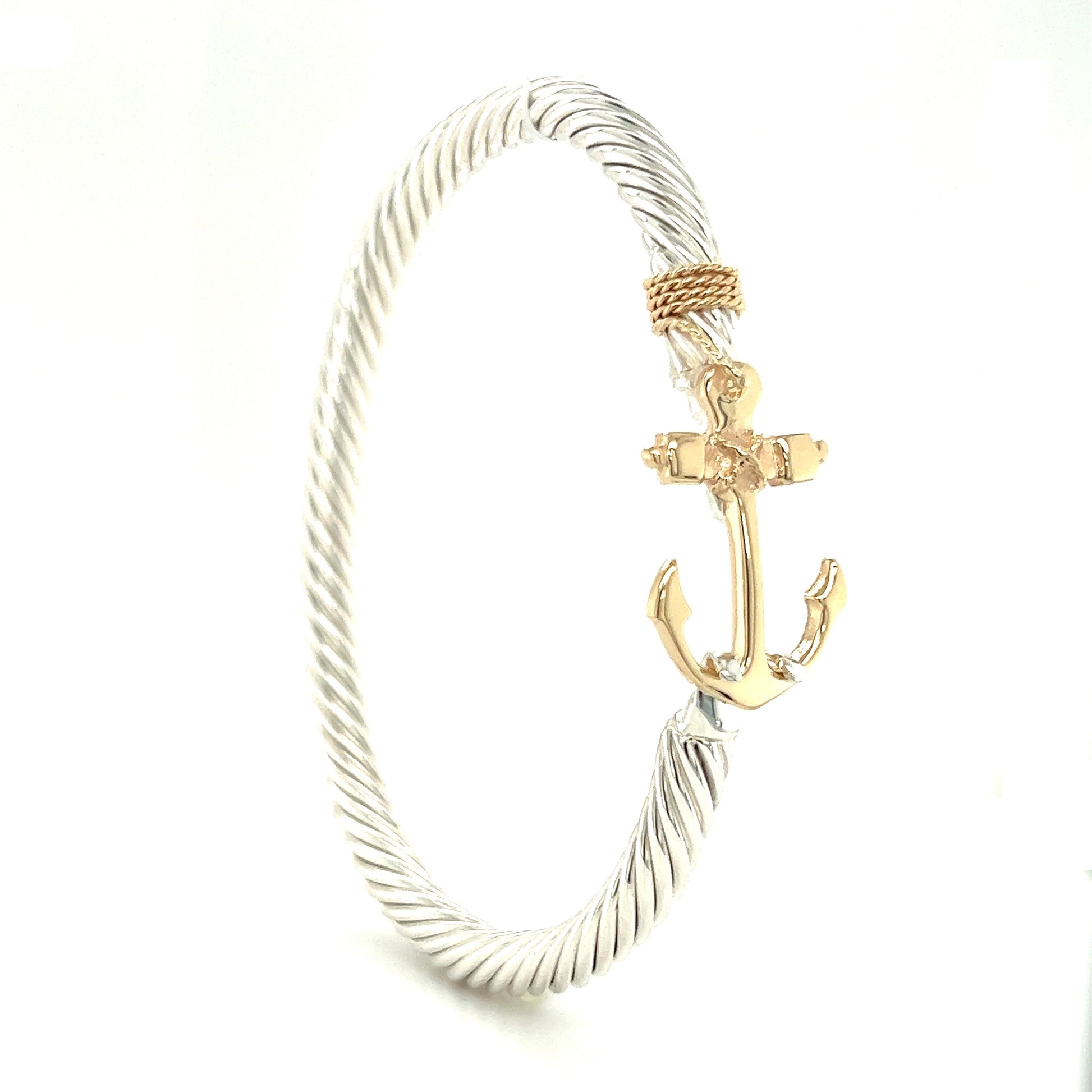 Twisted Cable 5mm Bangle Bracelet with 14K Yellow Gold Anchor and Wrap in Sterling Silver Side View