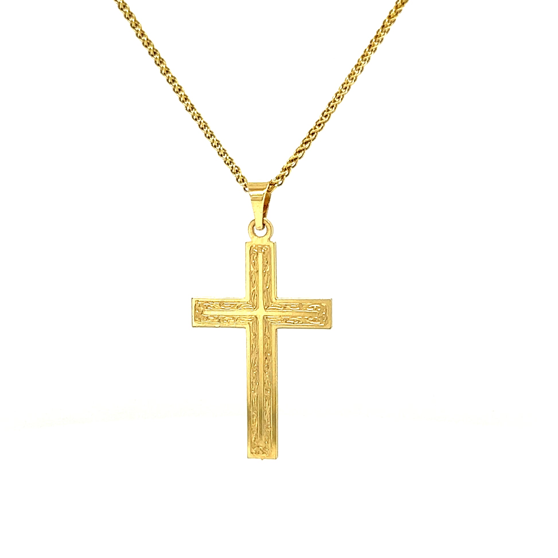 Small Etched Cross Pendant in 14K Yellow GoldPendant and Chain Front View