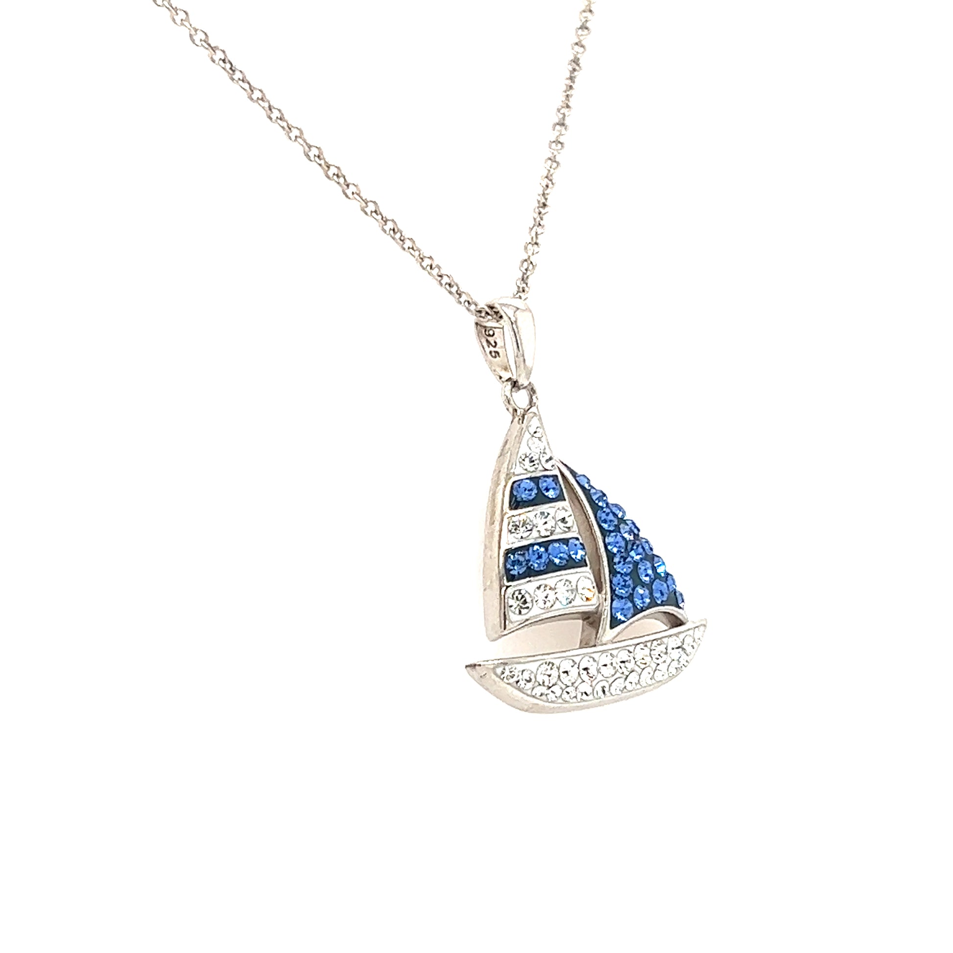 Blue Sailboat Necklace with Blue and White Crystals in Sterling Silver Right Side View