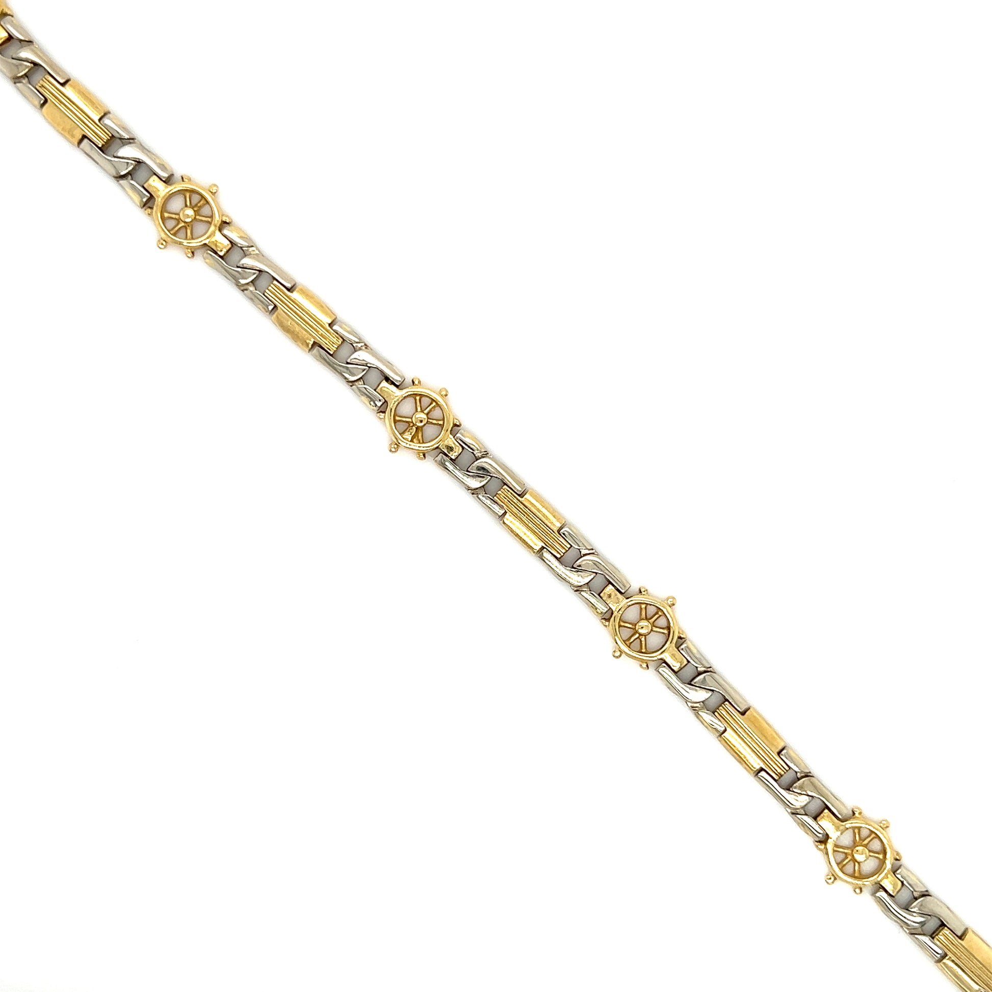Solid Link Bracelet with Ship's Wheel in 14K White Gold and 14K Yellow Gold Closed View