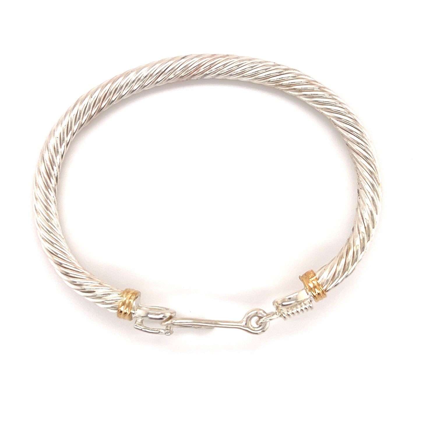 Fish Hook Cable 5mm Bangle Bracelet with 14K Wraps in Sterling Silver Top View