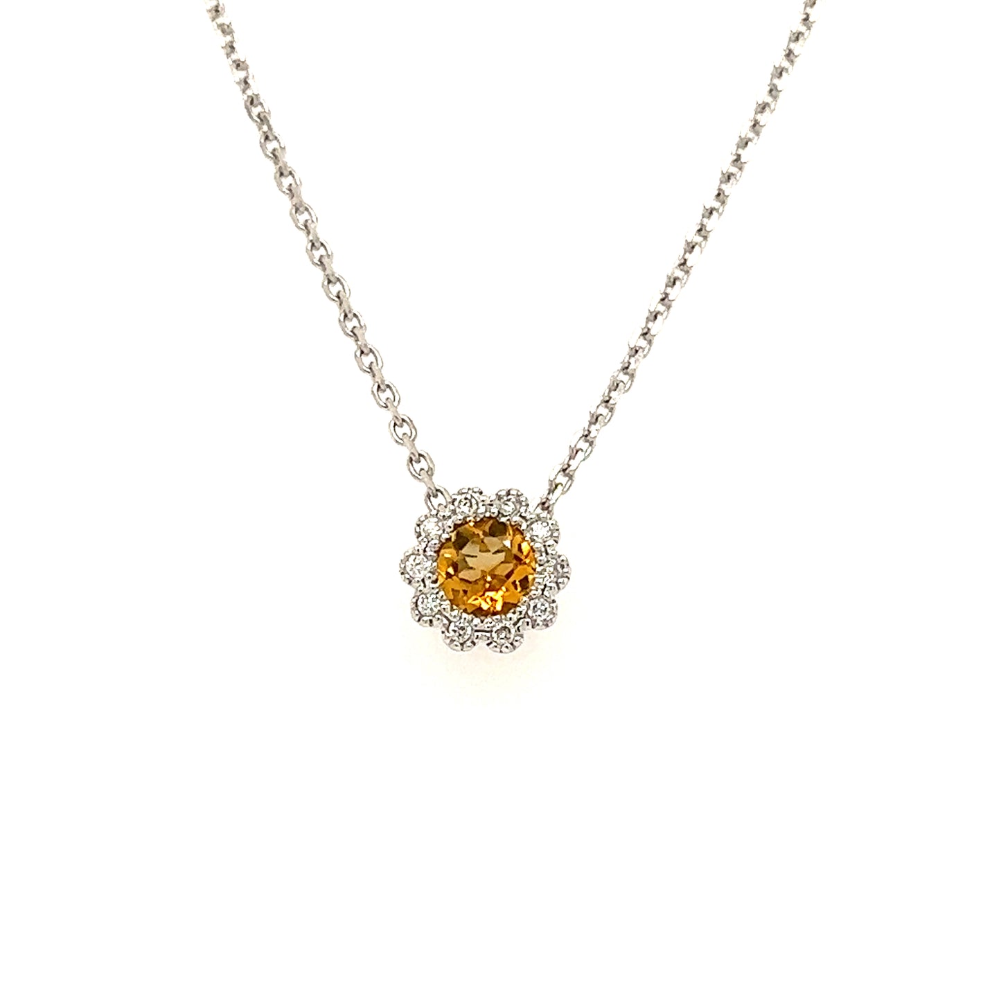 Floral Citrine Pendant with Diamond Halo in 14K White Gold Front View Pendant and Chain
