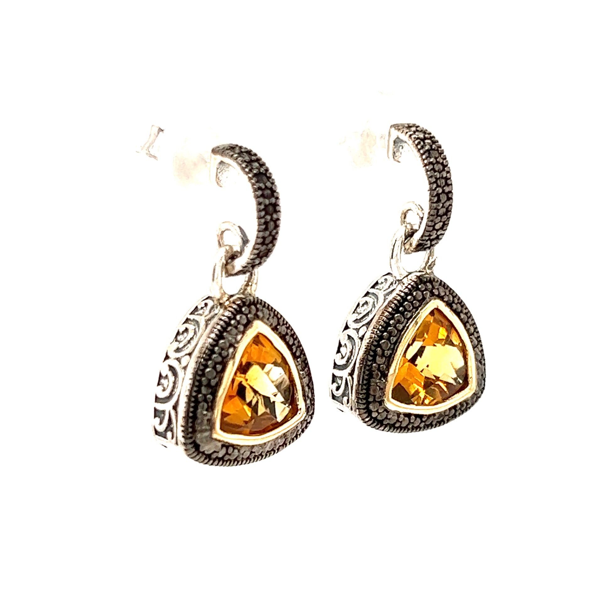 Trillion Citrine Dangle Earrings with 14K Yellow Gold Accent in Sterling Silver Right Side View