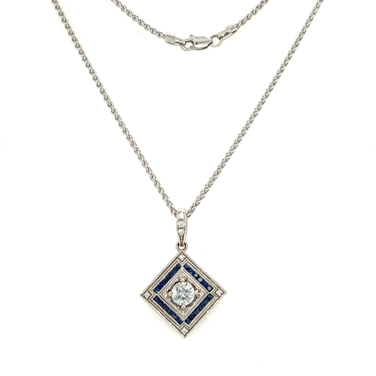 Square on Point Diamond Necklace with 0.64ctw of Blue Sapphires in White Gold Full Necklace Front View