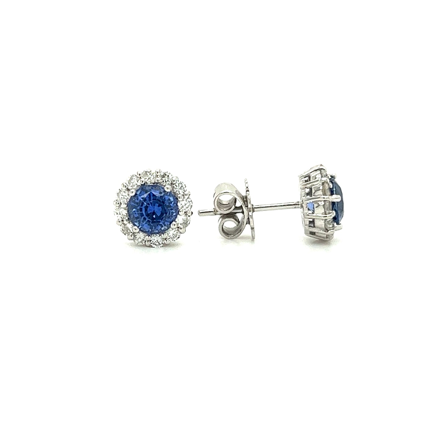 Blue Sapphire Stud Earrings with 0.53ctw of Diamond in 14K White Gold Front and Side View