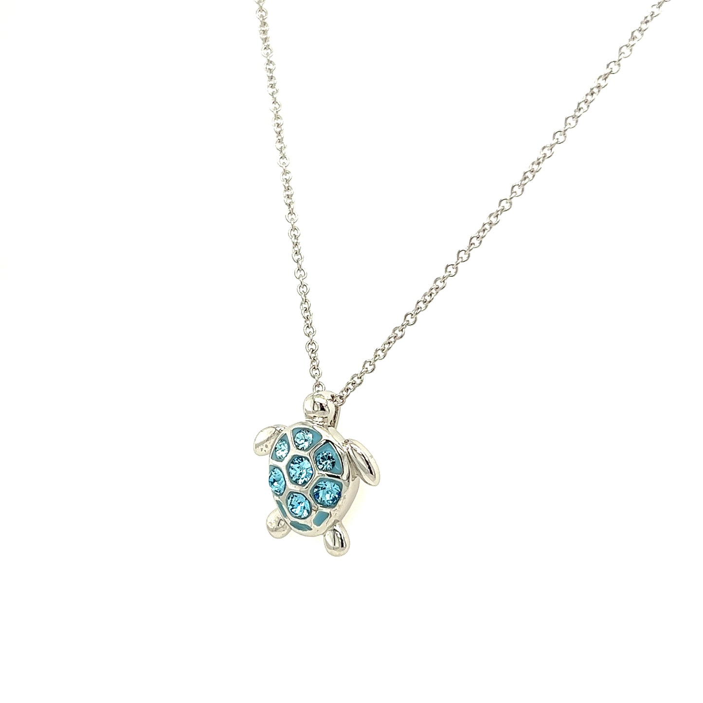 Aqua Sea Turtle Necklace with Aqua Crystals in Sterling Silver Right Side View