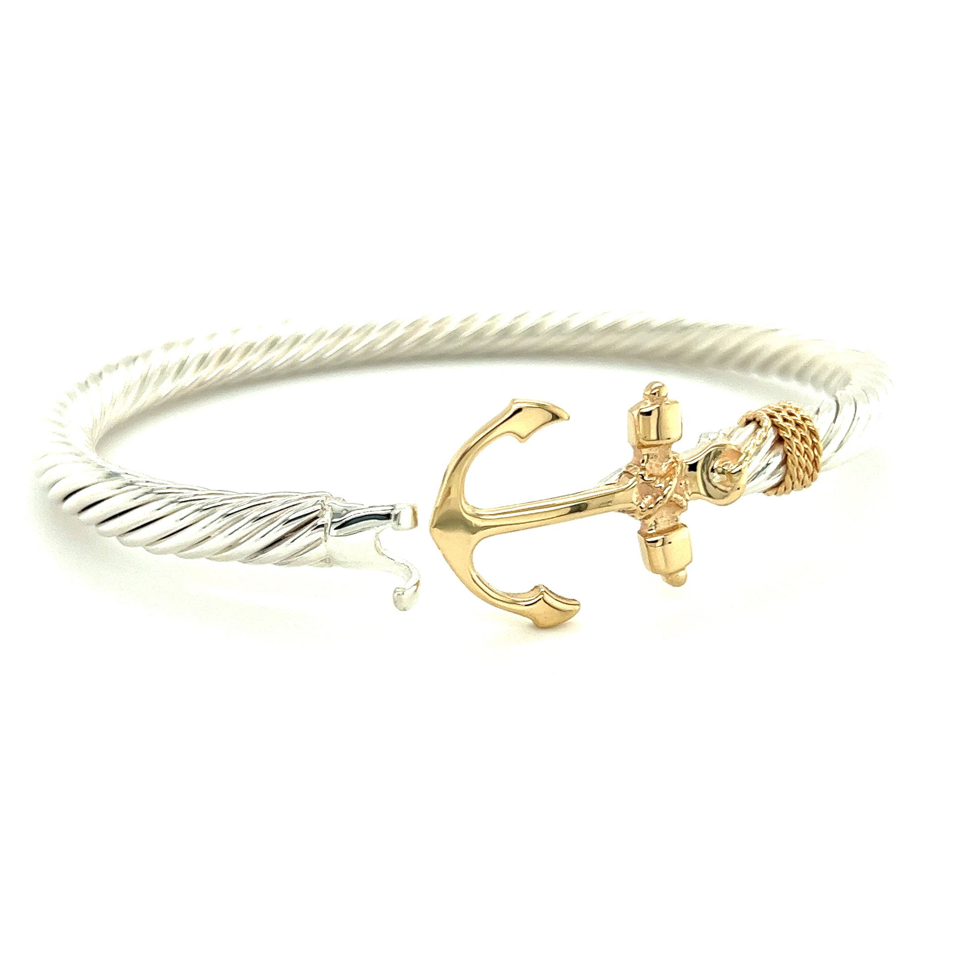 Twisted Cable 5mm Bangle Bracelet with 14K Yellow Gold Anchor and Wrap in Sterling Silver Flat Angled View