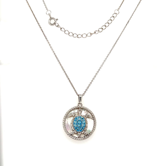 Sea Turtle Necklace with Mother of Pearl  and White Crystals in Sterling Silver. Full Necklace Front View