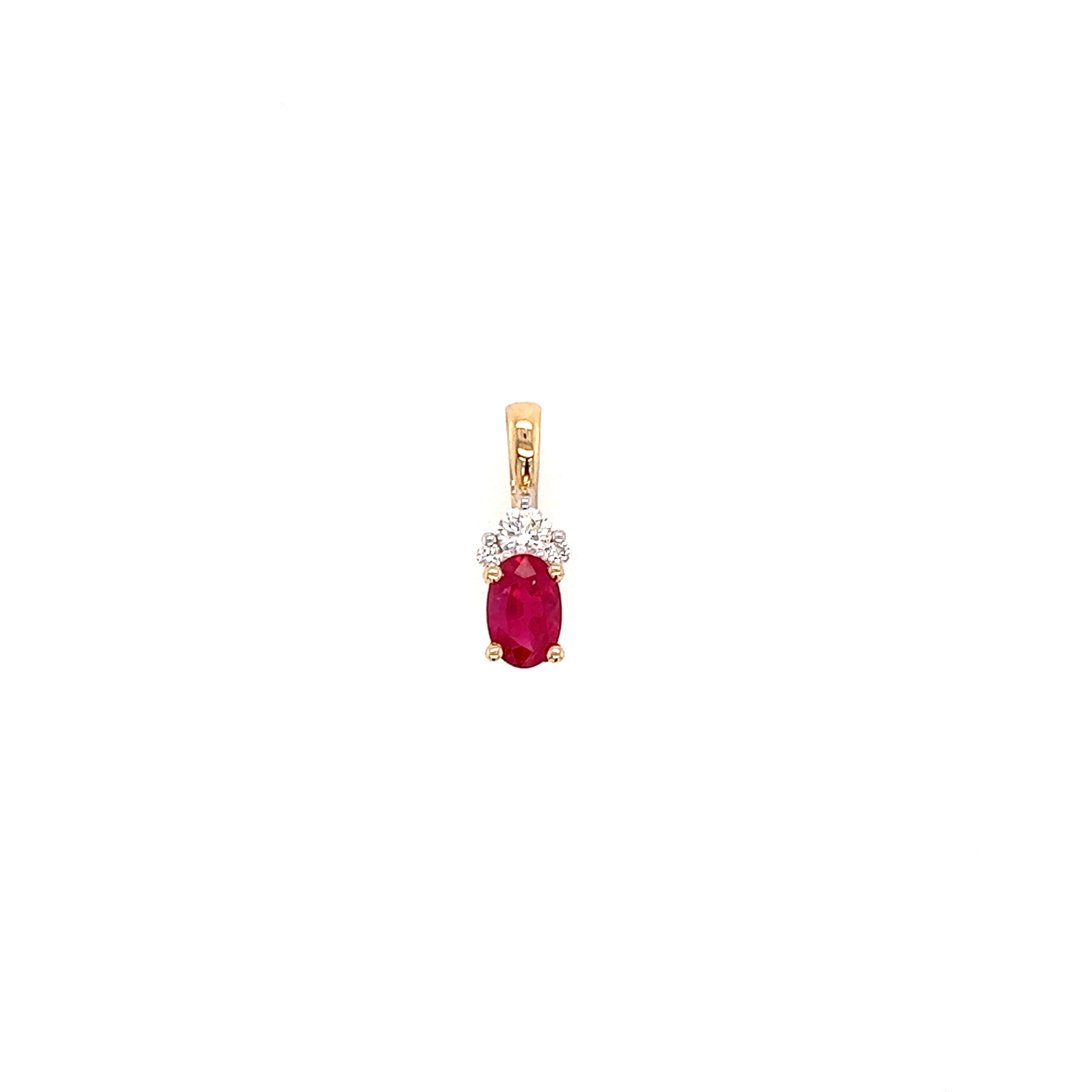 Oval Ruby Pendant with Three Accent Diamonds in 14K Yellow Gold Pendant Front View
