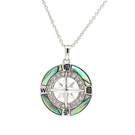 Abalone Shell Compass Necklace with Crystals in Sterling Silver Front Necklace View