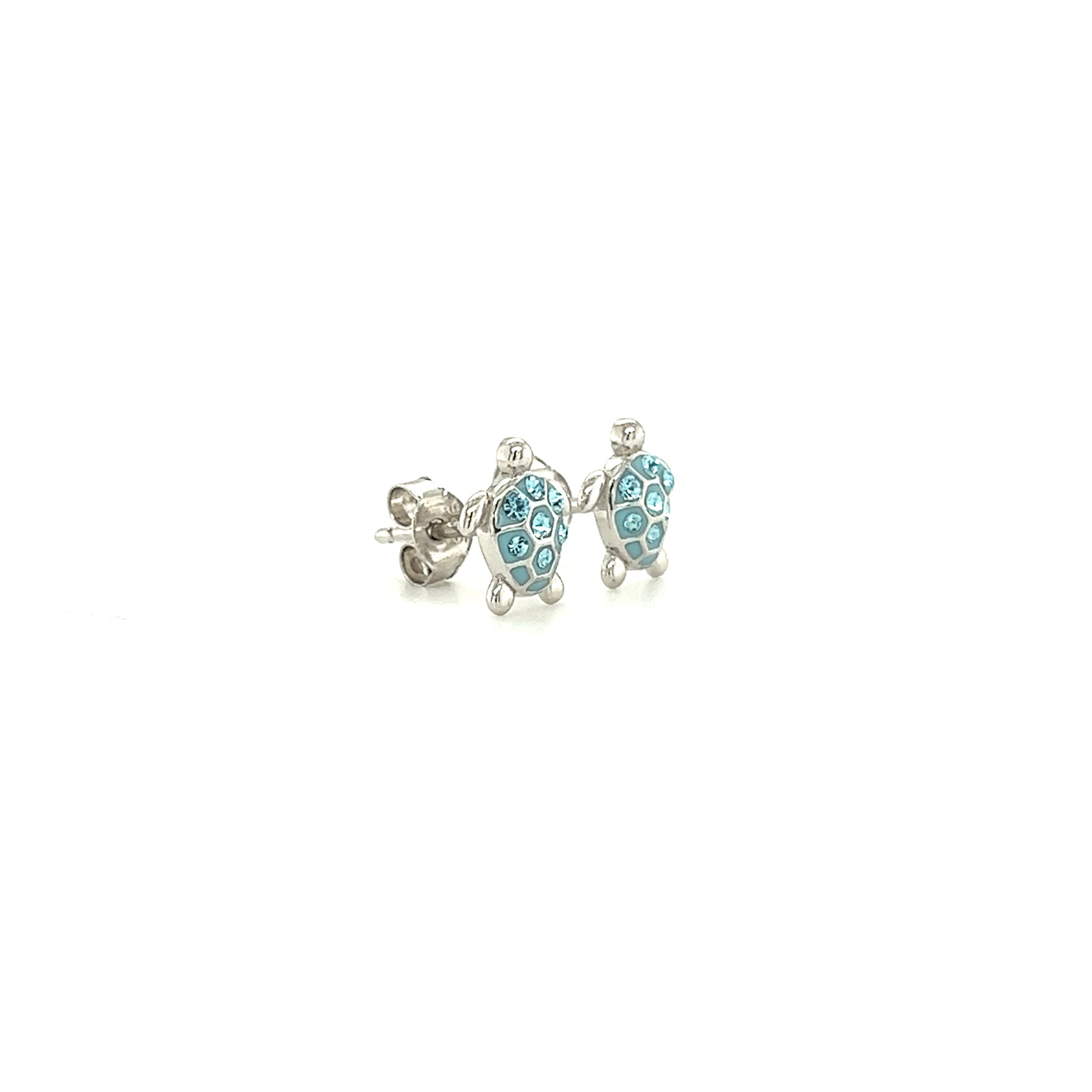 Sea Turtle Stud Earrings with Aqua Crystals in Sterling Silver Left Side View