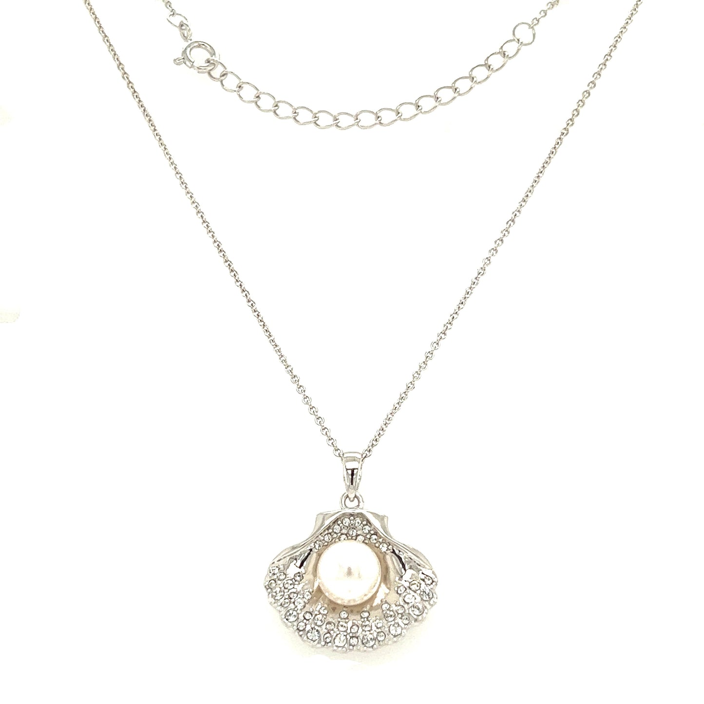 Scallop Shell Necklace with White Pearl and White Crystals in Sterling Silver Full Necklace Front View