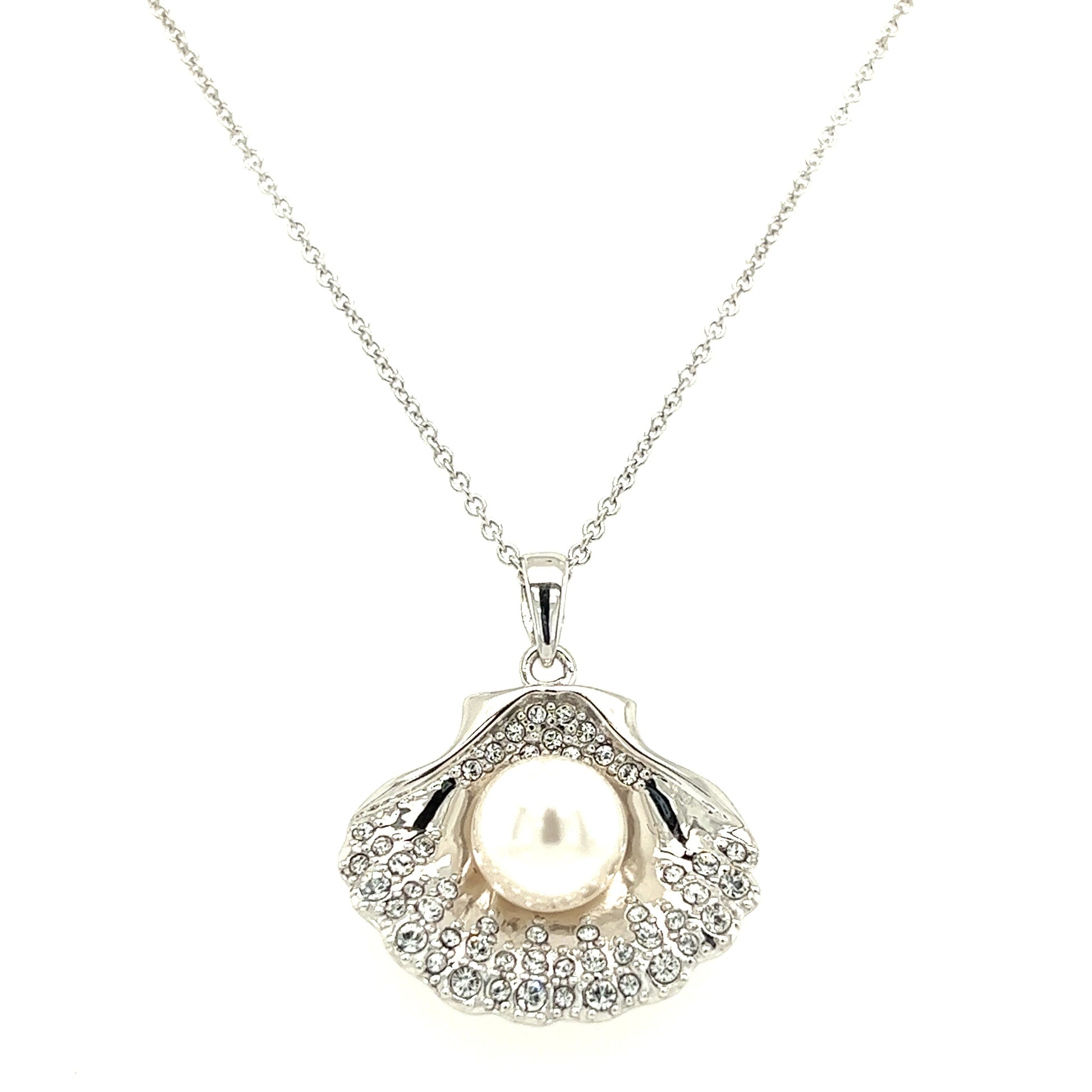 Scallop Shell Necklace with White Pearl and White Crystals in Sterling Silver Front View