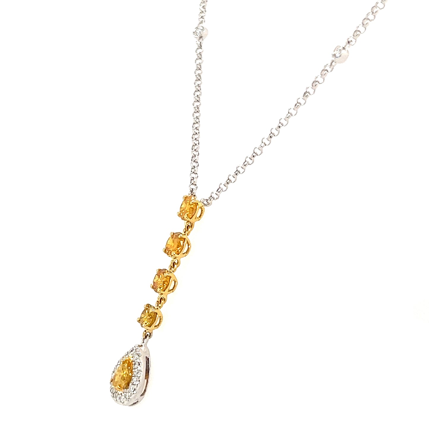 Yellow Diamond Necklace with Twenty One Diamonds in 18K White Gold Left Side View
