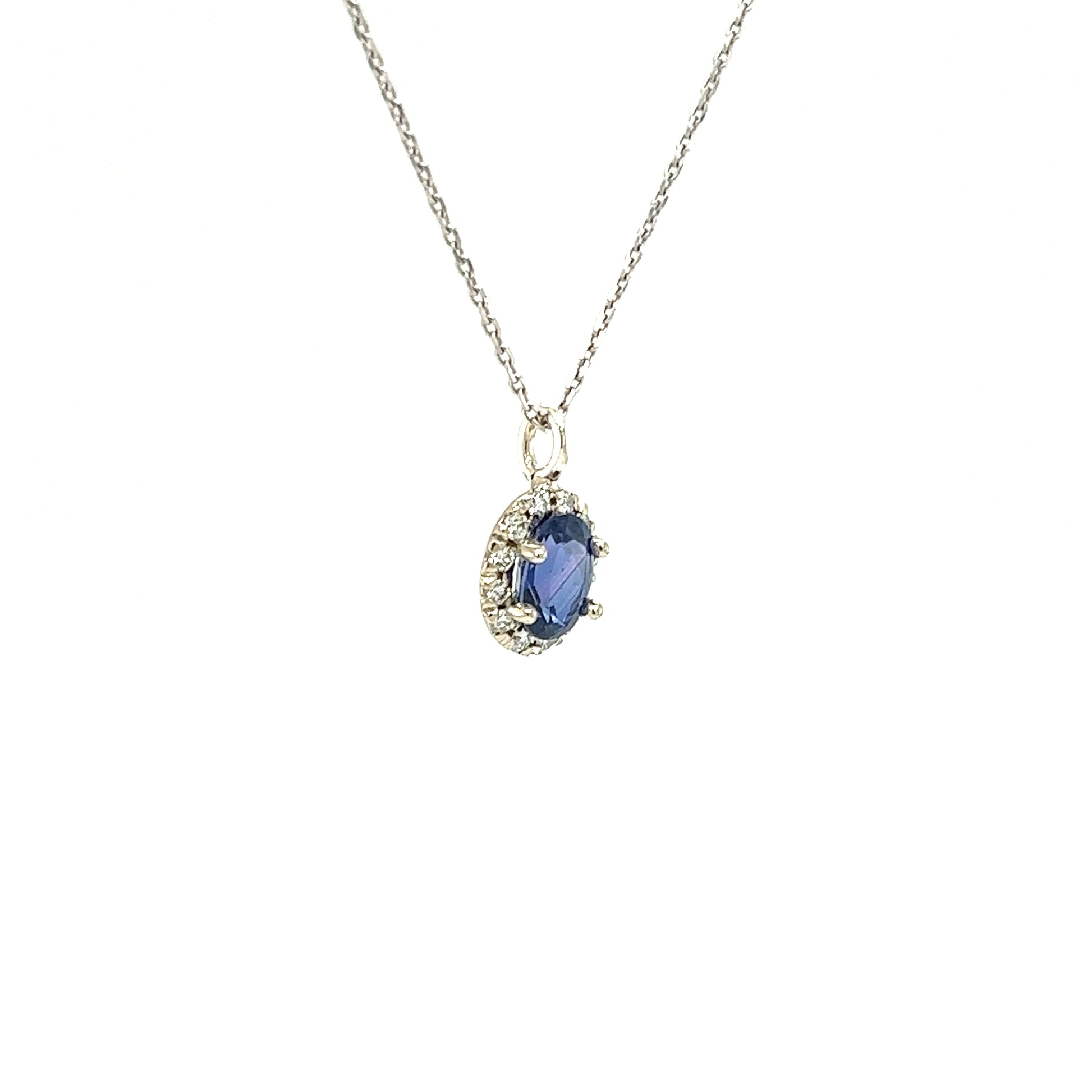 Oval Blue Sapphire Pendant with 0.24ctw of Diamonds in 14K White Gold Pendant and Chain Left Side View