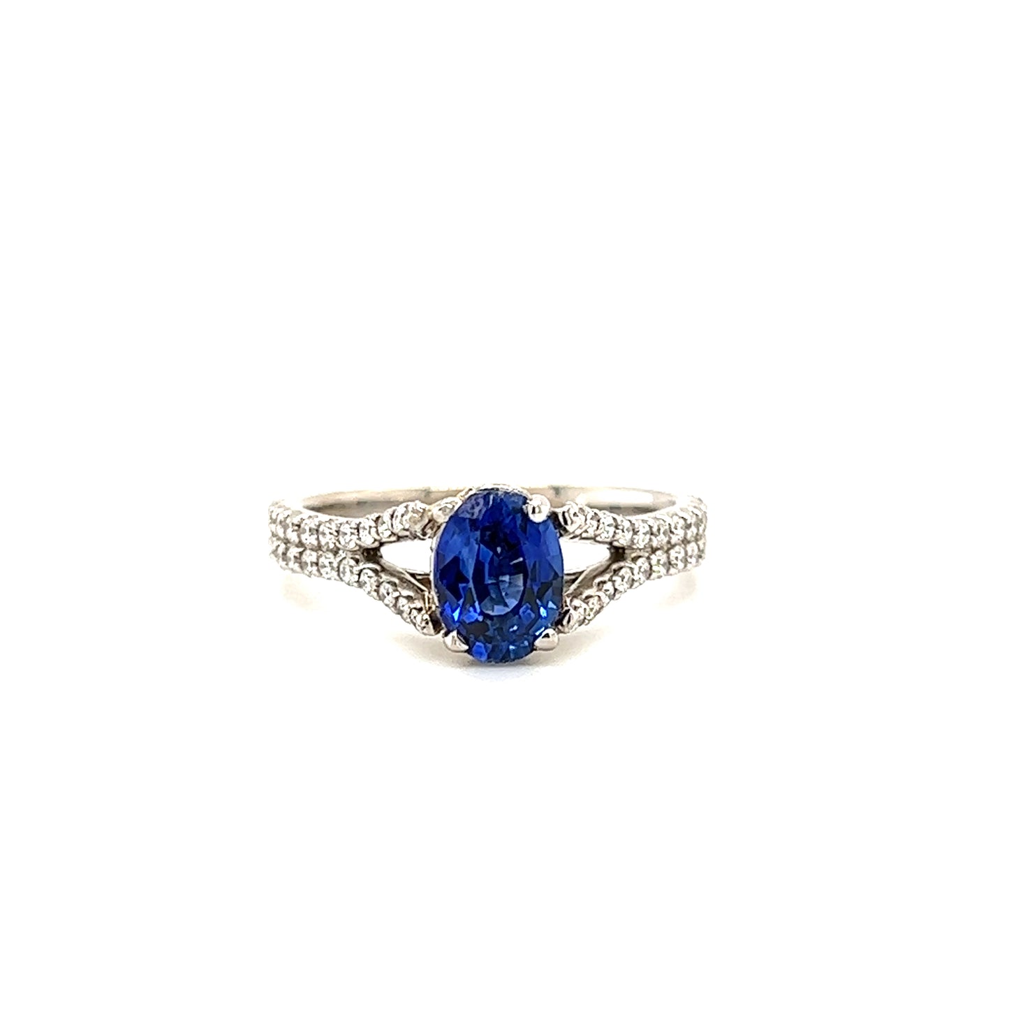 Oval Blue Sapphire Ring with Split Diamond Shank in 14K White Gold Front View