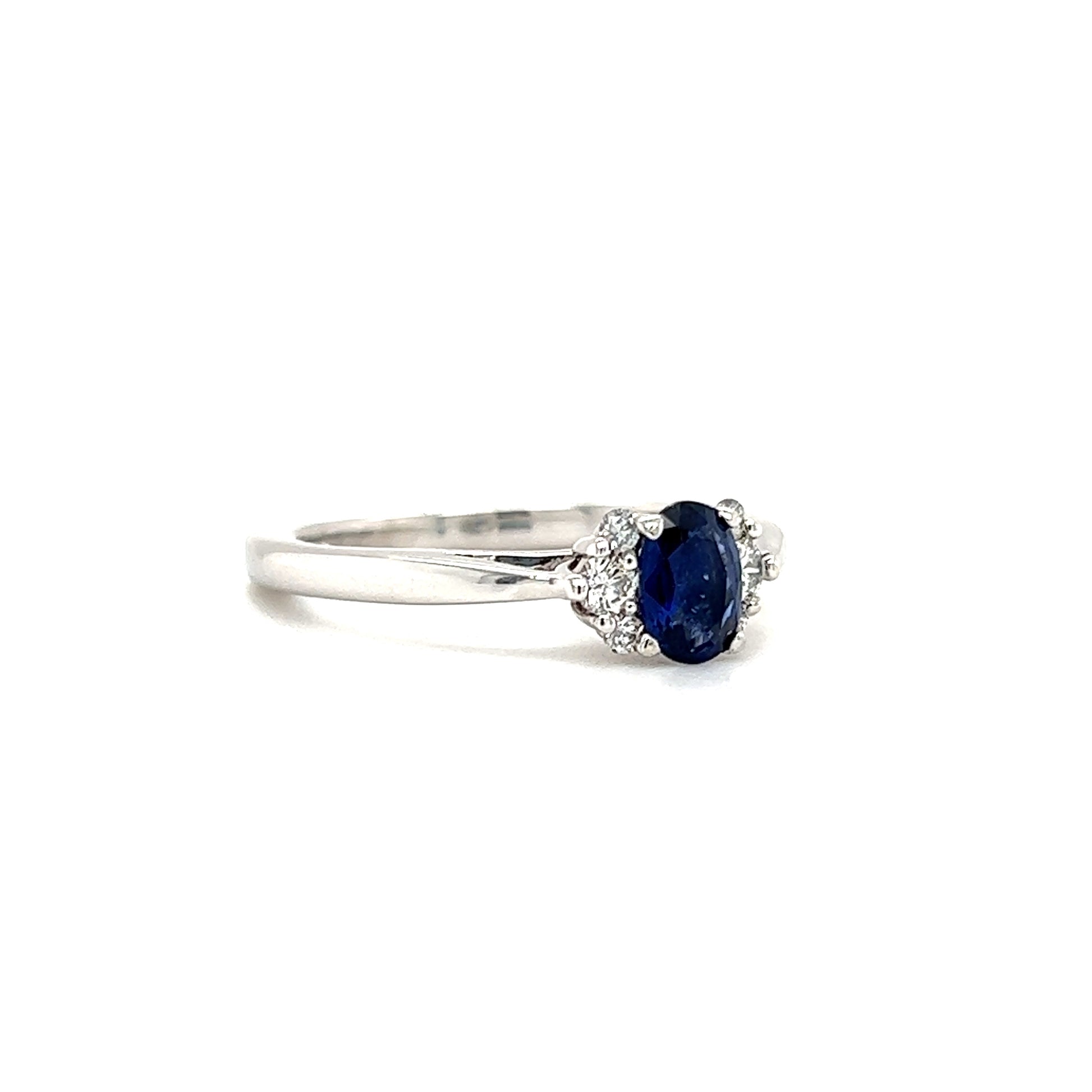 Oval Sapphire Ring with Six Side Diamonds in 14K White Gold Right Side