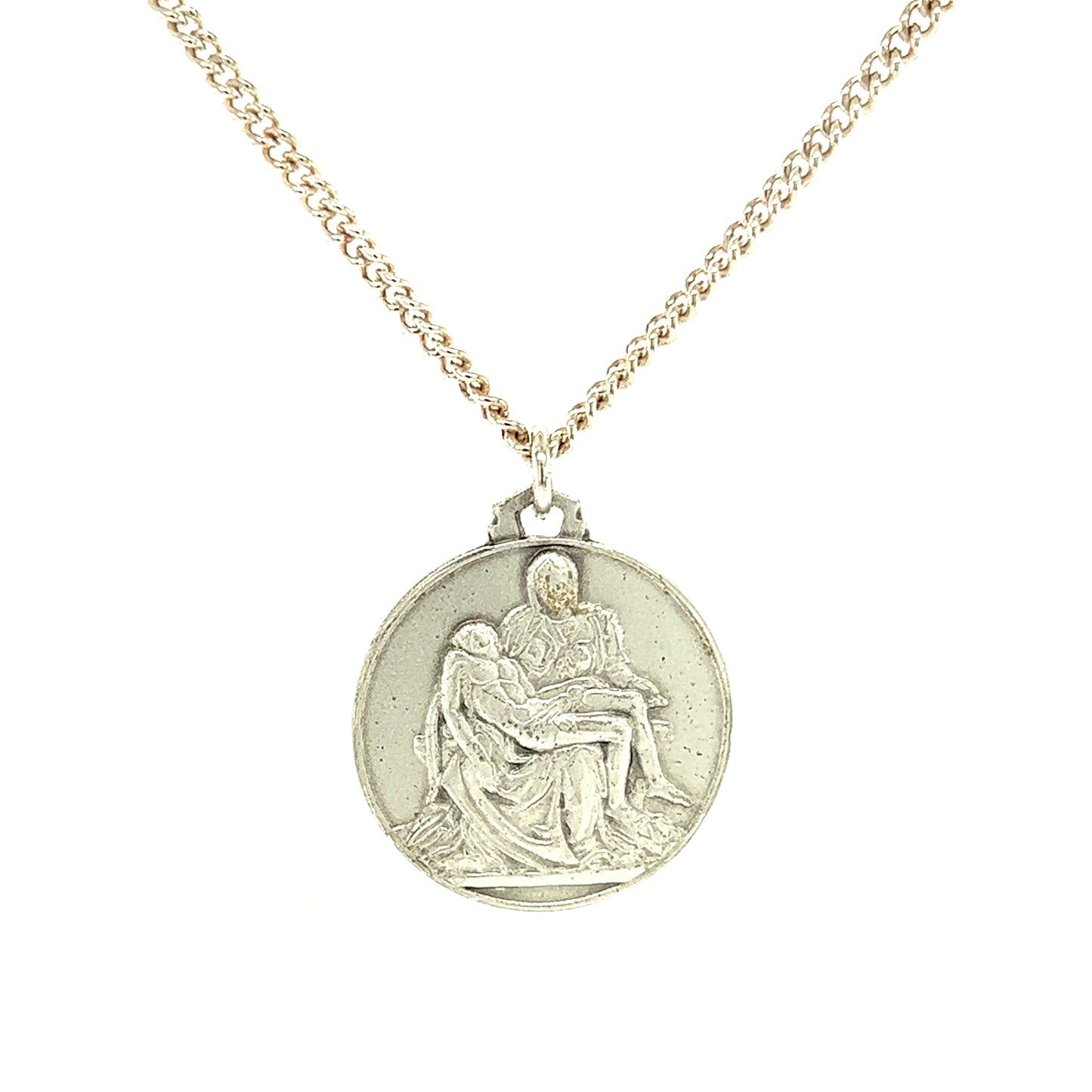 La Pieta Medallion Necklace with 24in Long Cable Chain in Sterling Silver Front View