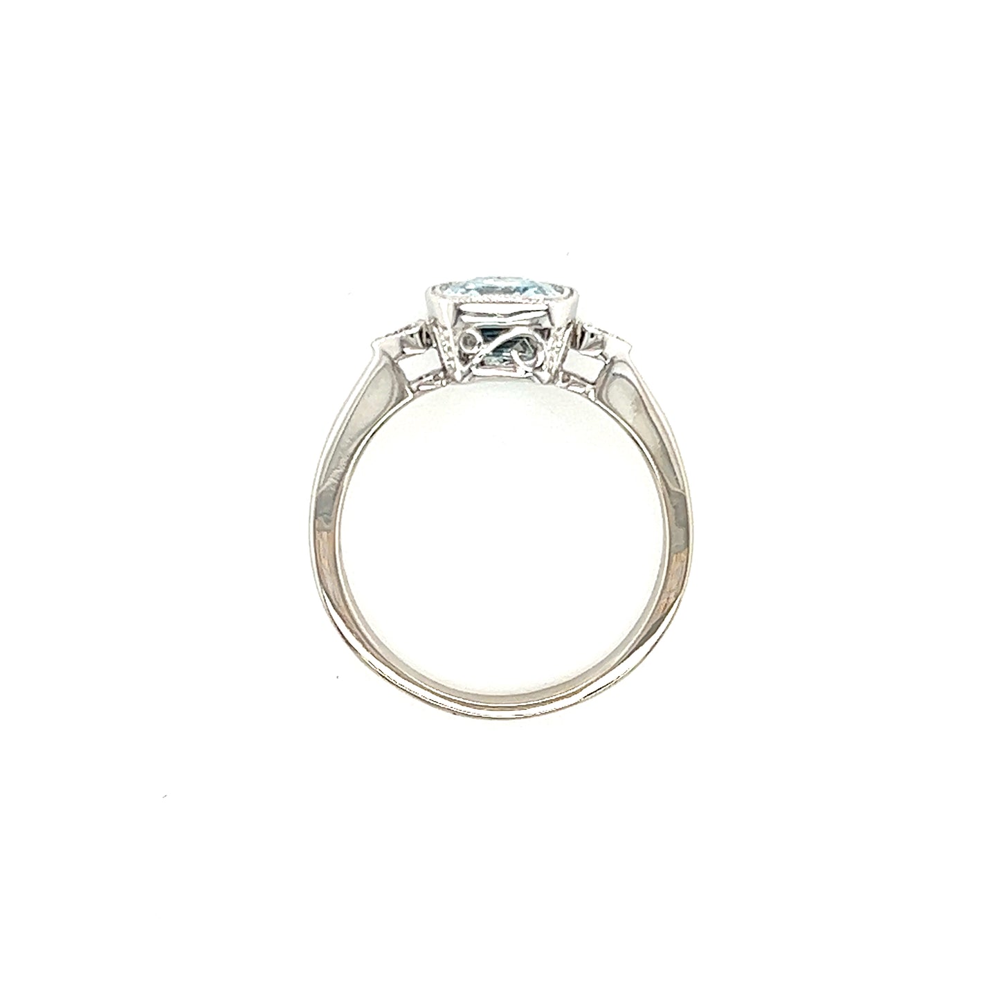Cushion Aquamarine Ring with Side Diamonds and Milgrain in 14K White Gold Top View