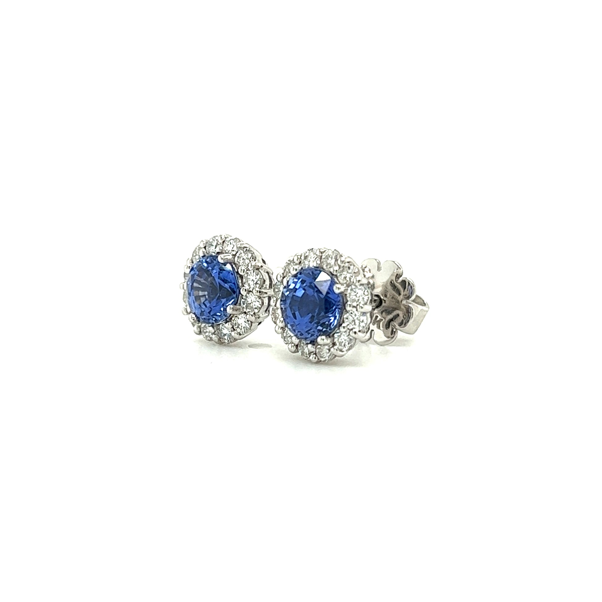 Blue Sapphire Stud Earrings with 0.53ctw of Diamond in 14K White Gold Right Side View