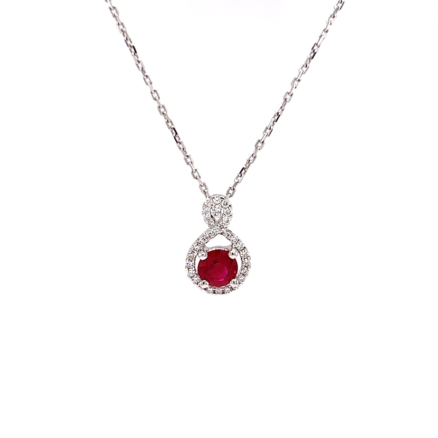 Round Ruby Necklace with 0.15ctw of Diamonds in 14K White Gold Pendant Font View