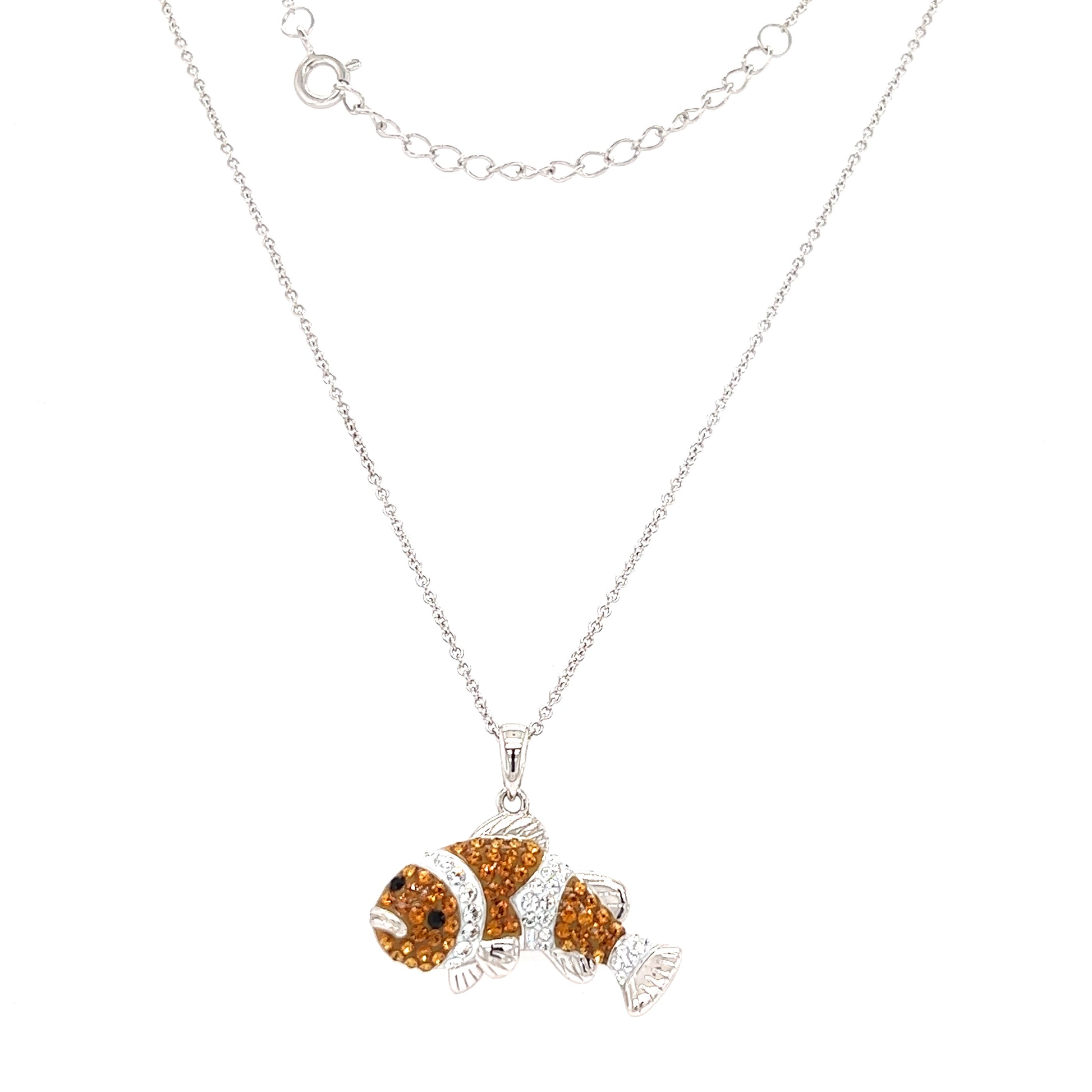 Clownfish Necklace with Orange and White Crystals in Sterling Silver Full Necklace Front View