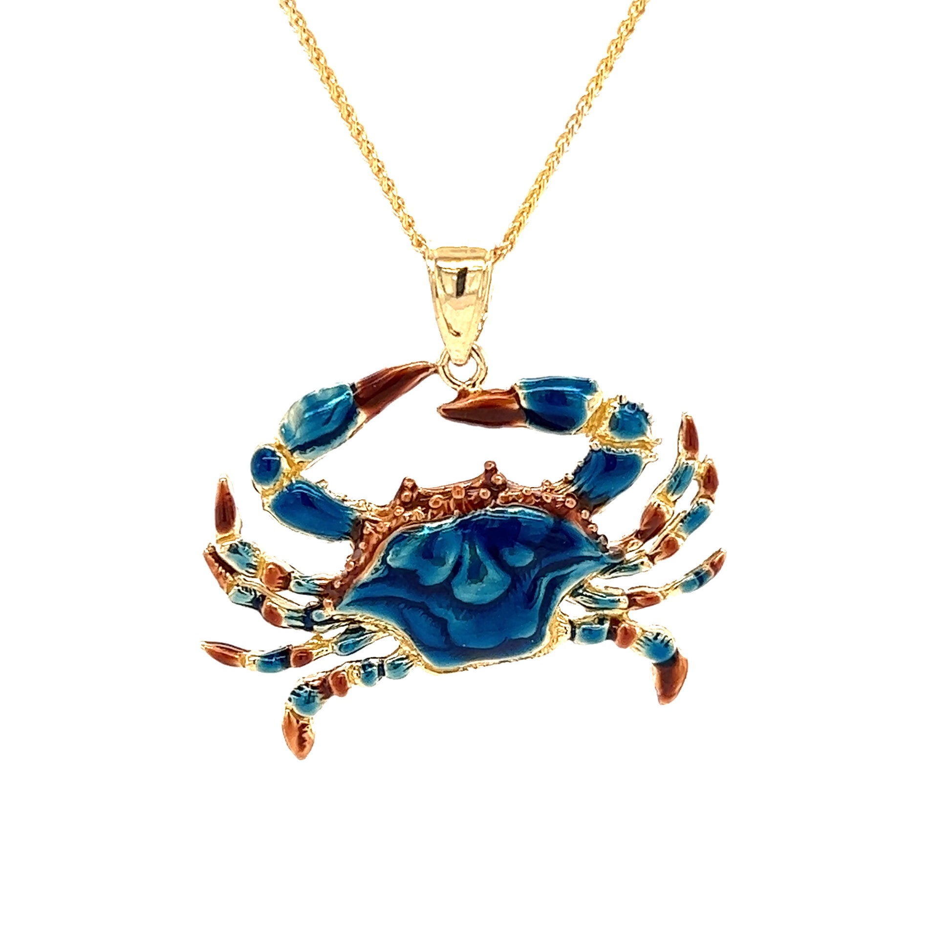 Blue Crab Large Pendant with Enameling in 14K Yellow Gold Front View with Chain