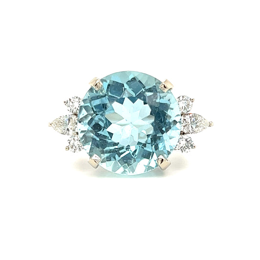 Round Aquamarine Ring with Six Side Diamonds in 14K White Gold Front View 
