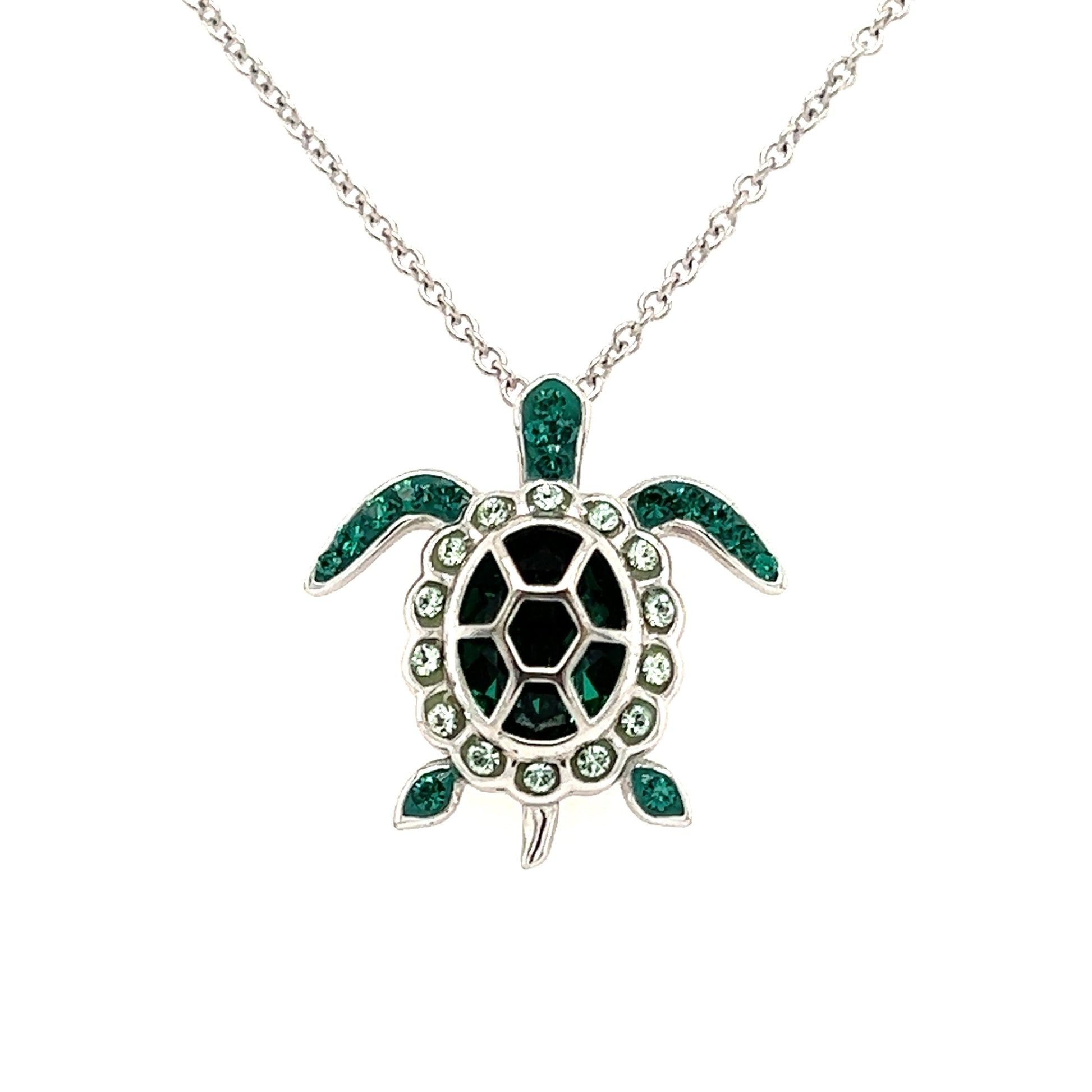 Sea Turtle Necklace with Deep Green Crystals in Sterling Silver Front View