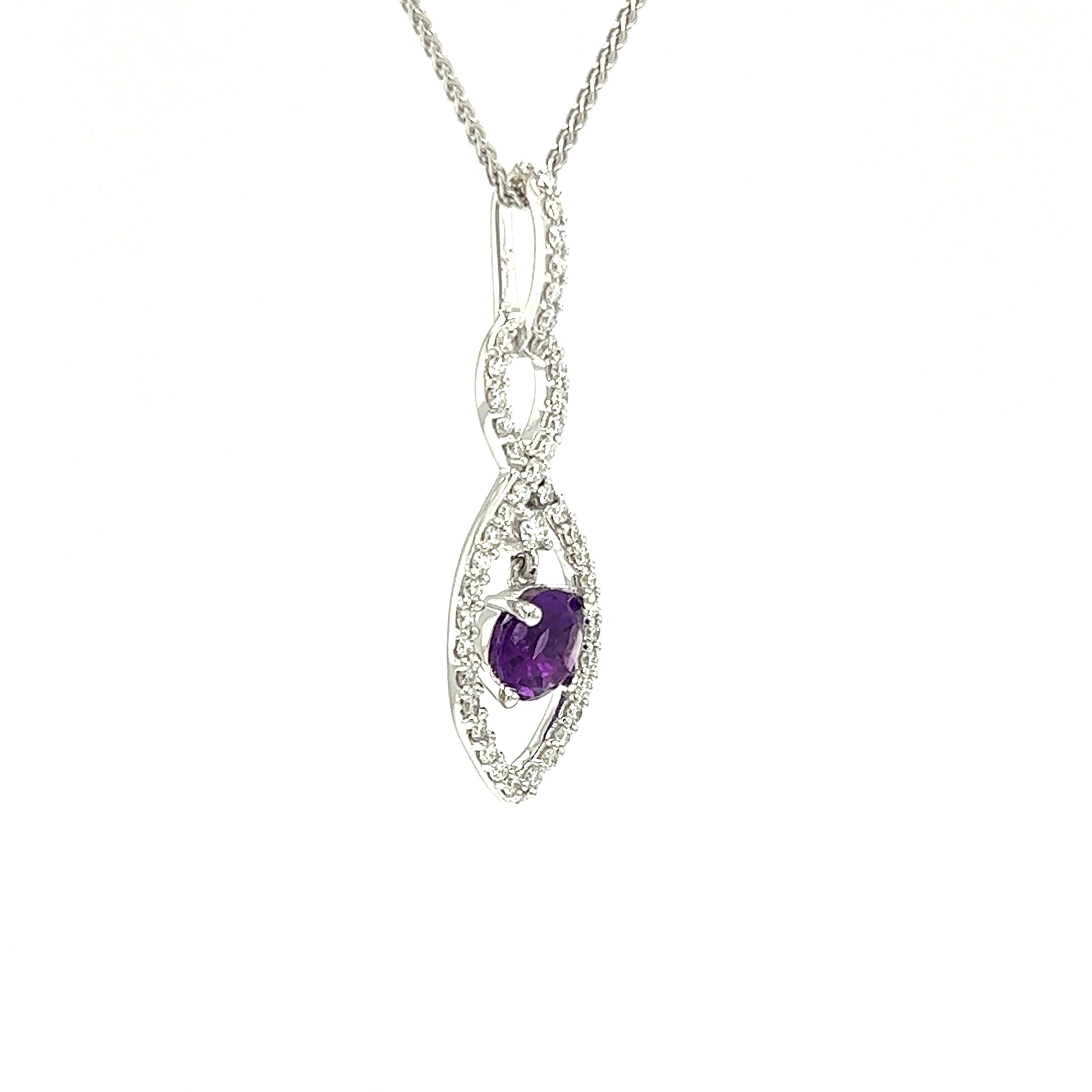 Amethyst Infinity Pendant with Forty-Six Diamonds in 14K White Gold Left Side View