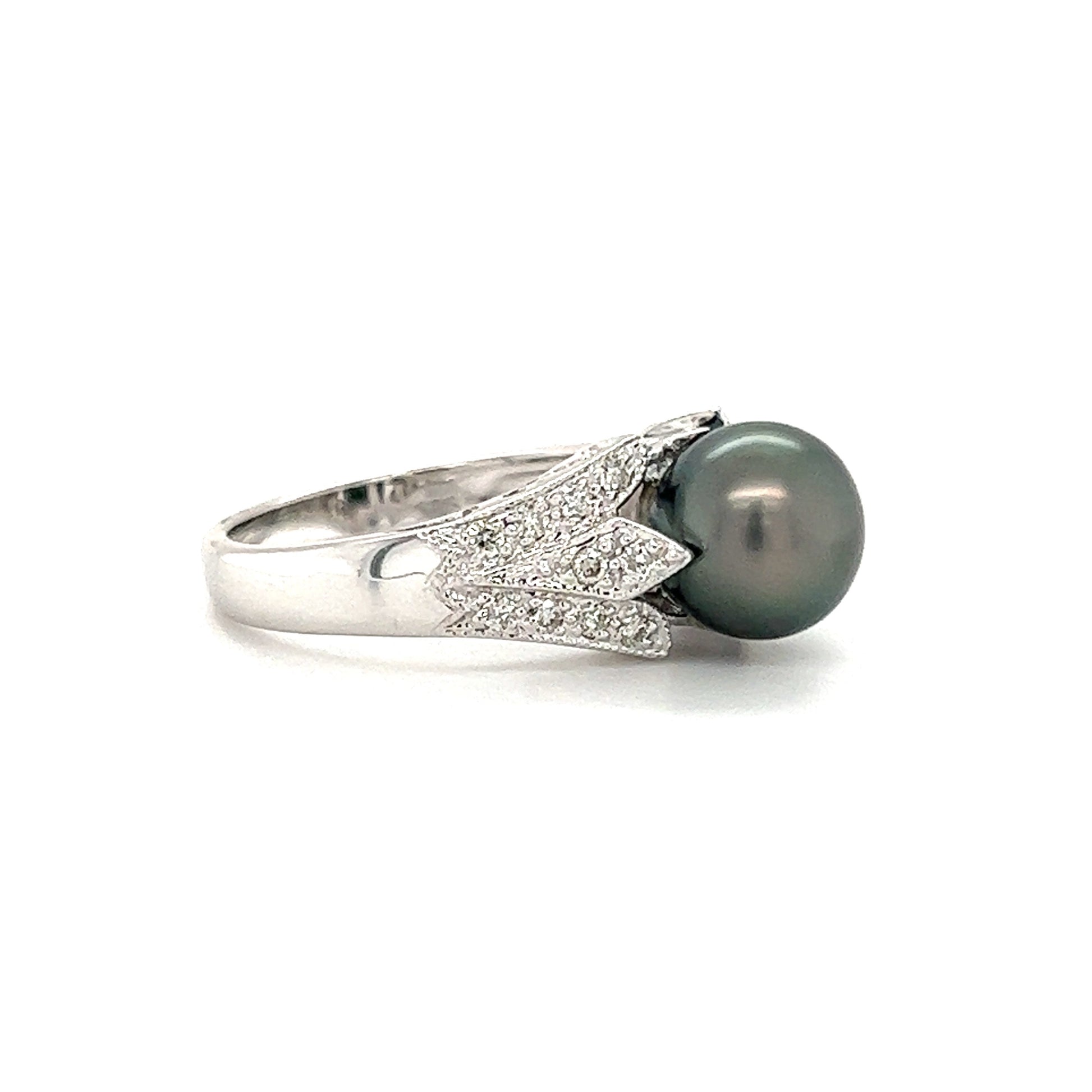 Black Pearl Ring with Twenty Diamonds in 14K White Gold Right Side View