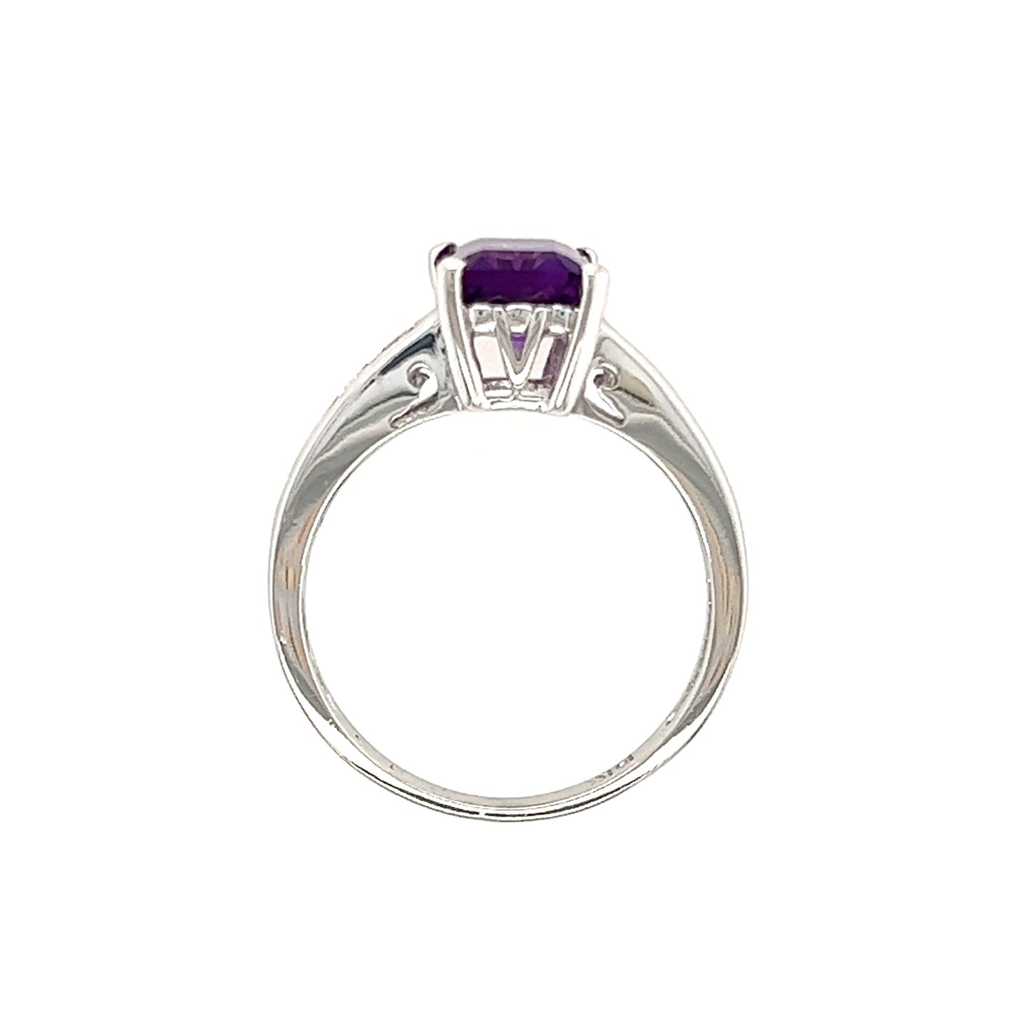Baguette Amethyst Ring in 14K White Gold with Side Diamonds Top View