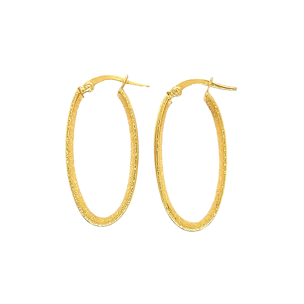 Oval Hoop 6mm Earrings with Star Dust Finish in 14K Yellow Gold Top View Closed Clasp
