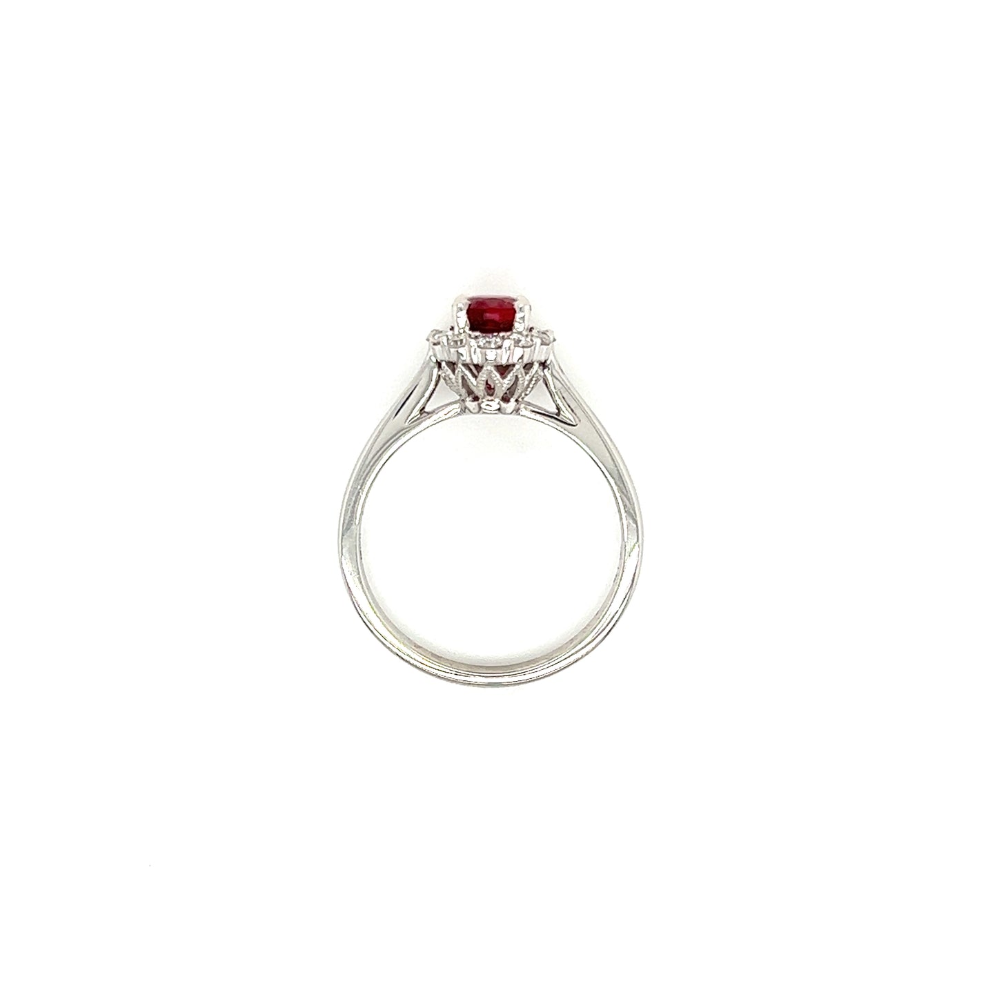 Oval Ruby Ring with Diamond Halo in 14K White Gold Top View