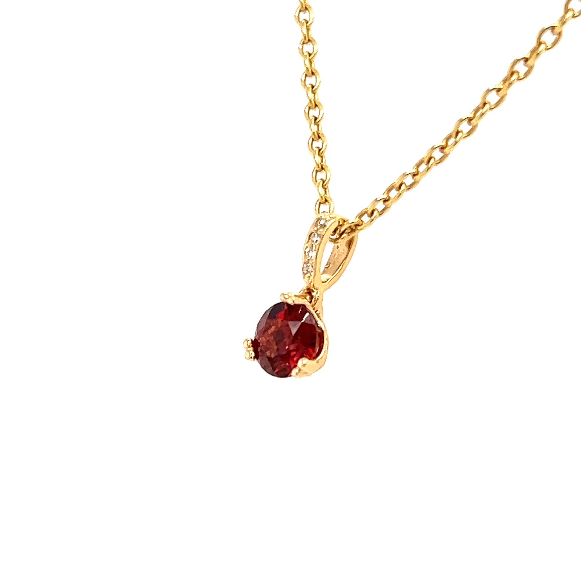 Round Garnet Pendant With Four Diamonds in 14K Yellow Gold Left Side View Pendant and Chain