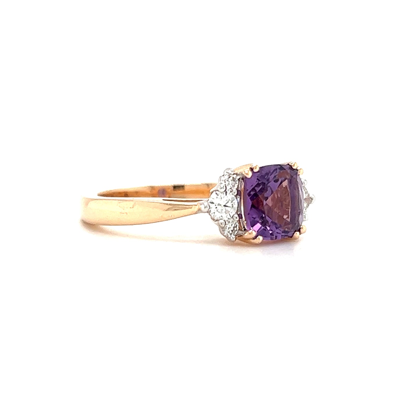 Cushion Amethyst Ring in 14K Rose Gold with Side Diamonds Right Side 2