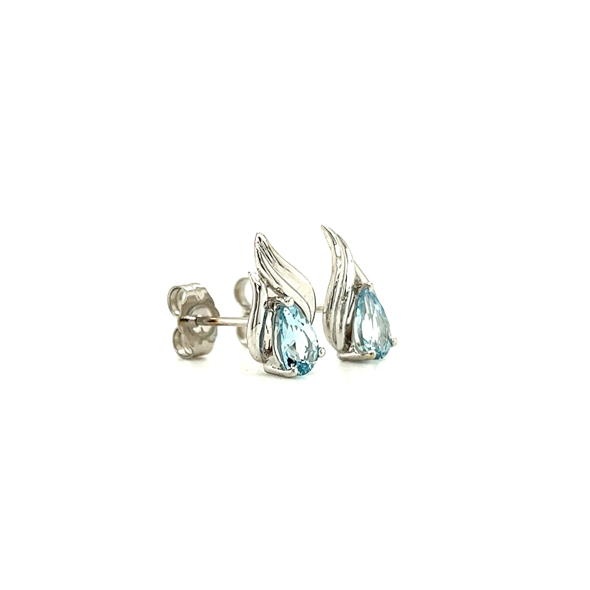 Pear Aquamarine Stud with Flame Motifs Earrings in 14K White Gold Left Side View