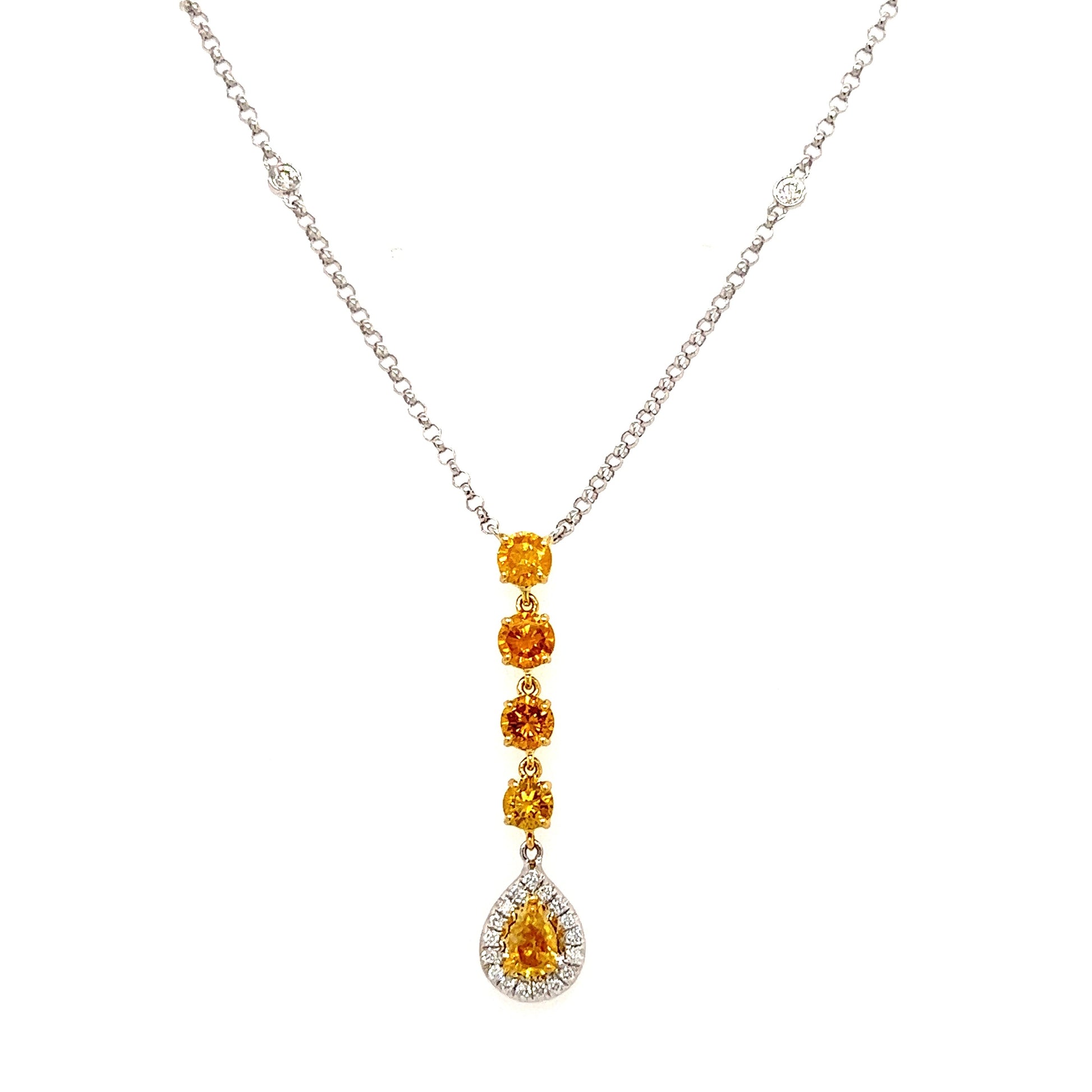 Yellow Diamond Necklace with Twenty One Diamonds in 18K White Gold Front Long View