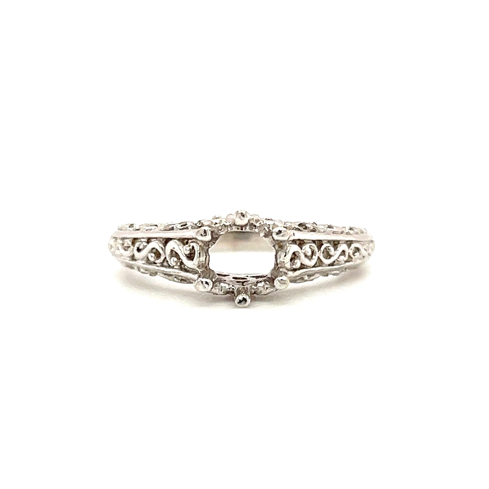 Filigree Ring Setting with Six Prong Head in 14K White Gold Flat View