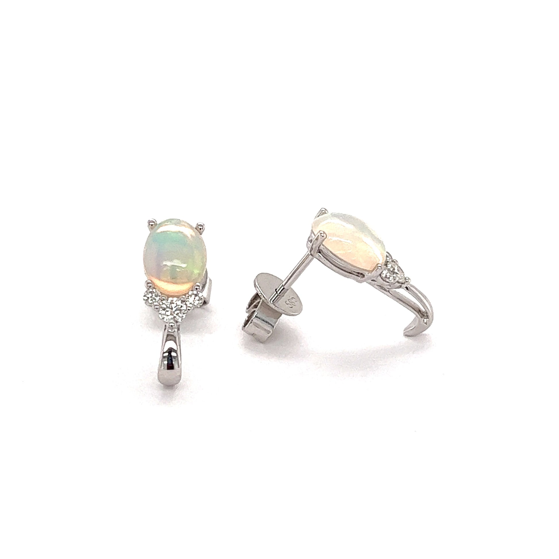 White Ethiopian Opal Stud Earrings with Side Diamonds in 14K White Gold Front and Accent View
