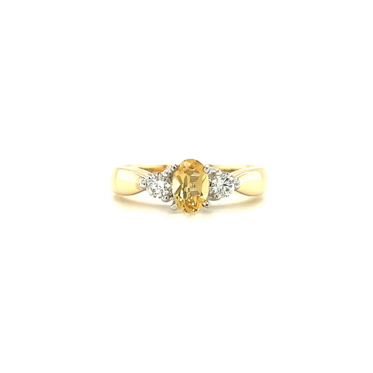 Precious Yellow Topaz Ring with Two Side Diamonds in 14K Yellow Gold