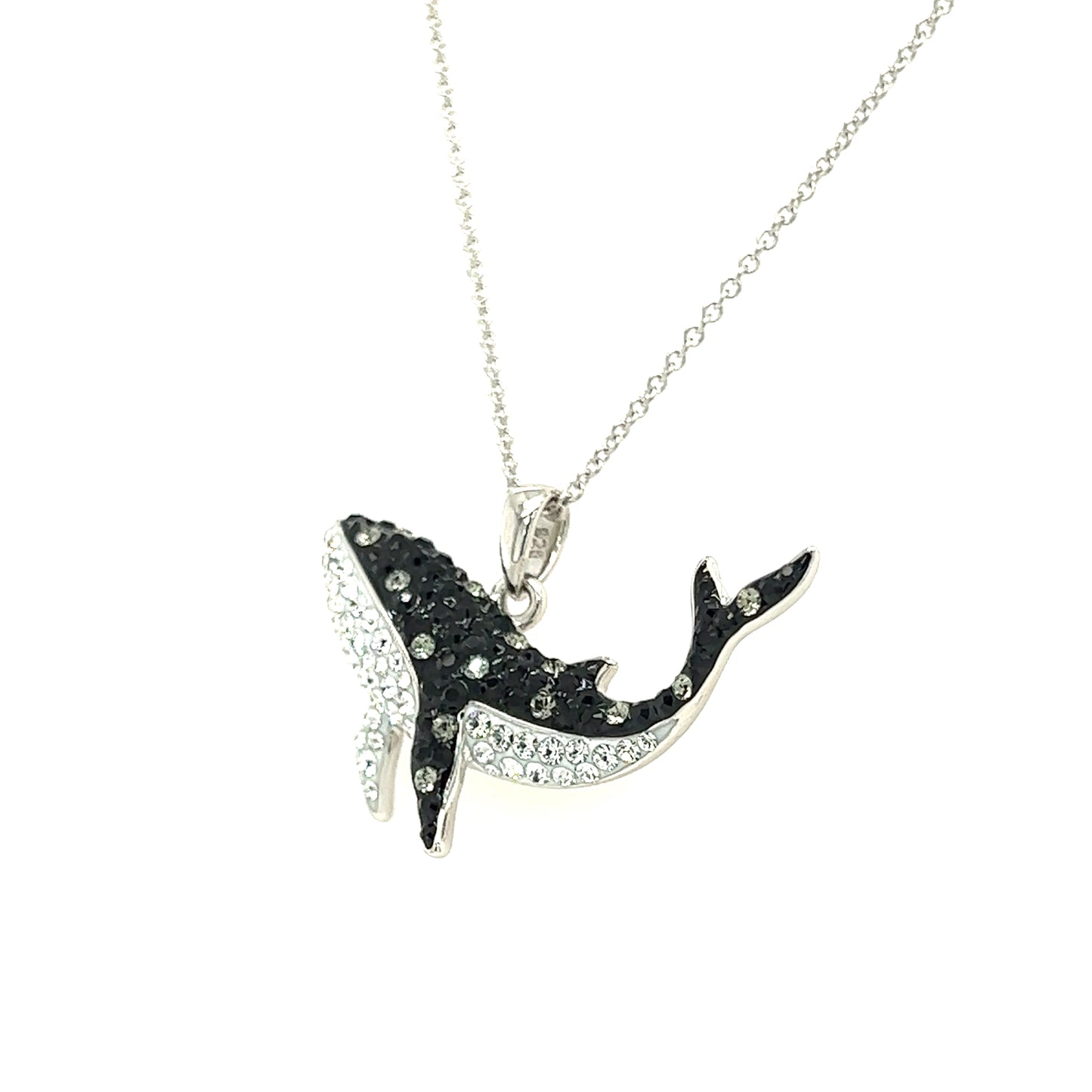 Orca Whale Necklace with Black and White Crystals in Sterling Silver Right Side View